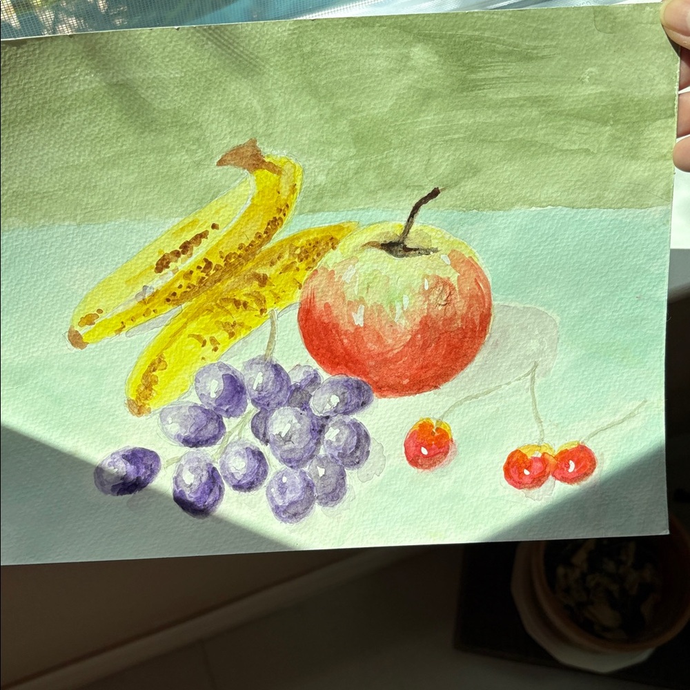 Watercolor Fruit Still Life Painting - Banana, Apple, Grapes, Cherries